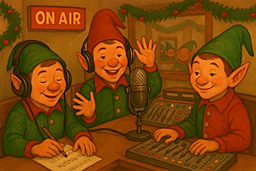 Studio radio de Noël avec des lutins
